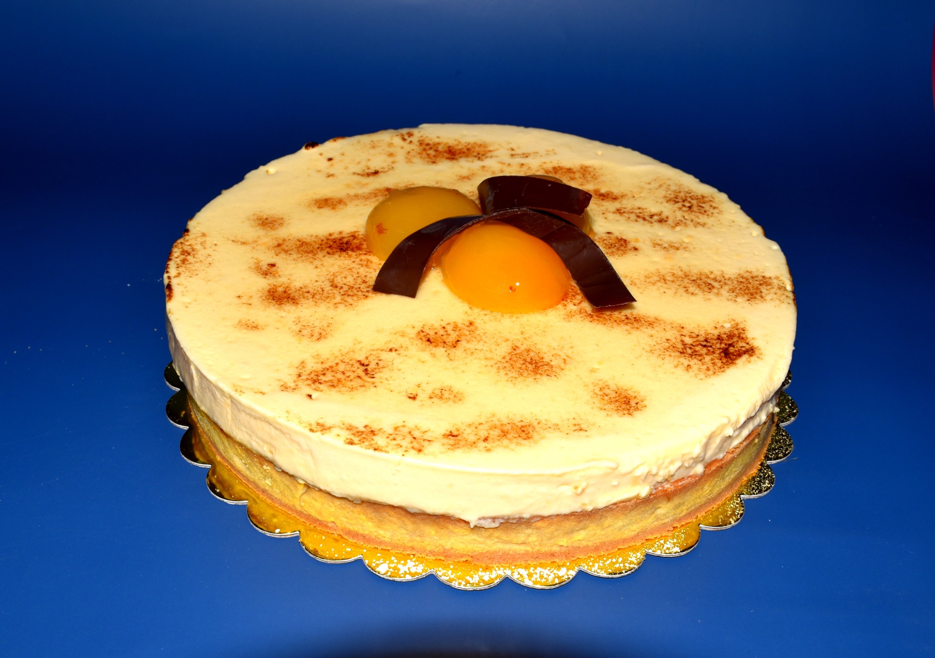 Gâteau au fromage blanc, cacao saupoudré, œuf jaune et chocolat noir sur fond bleu.