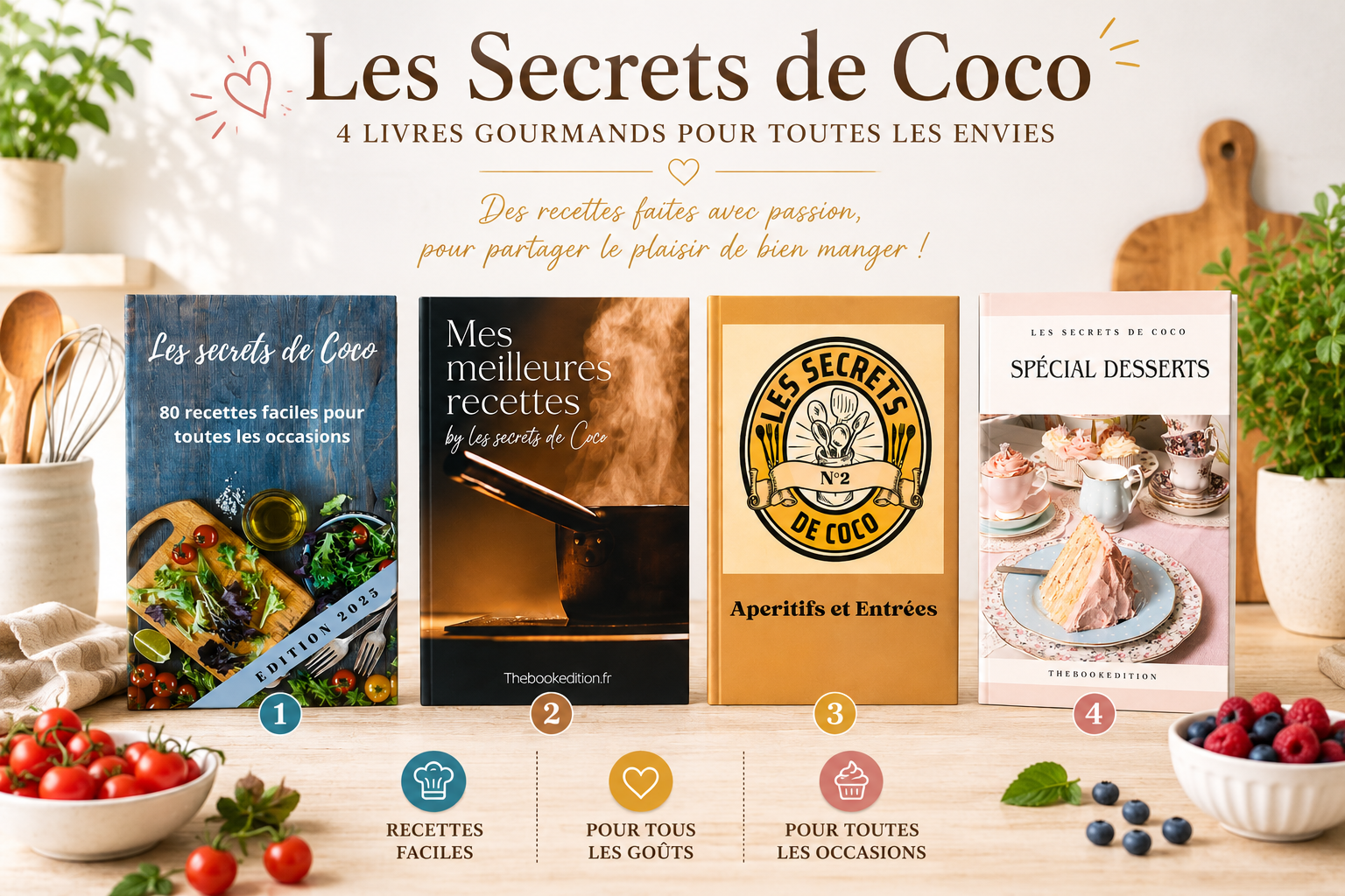Quatre livres de cuisine « Les Secrets de Coco » posés sur une table, avec ingrédients et plantes.