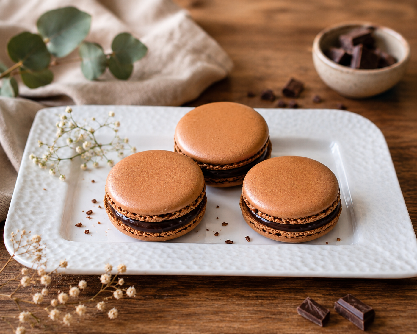 Trois macarons au chocolat sur une assiette blanche, posés sur une table en bois.
