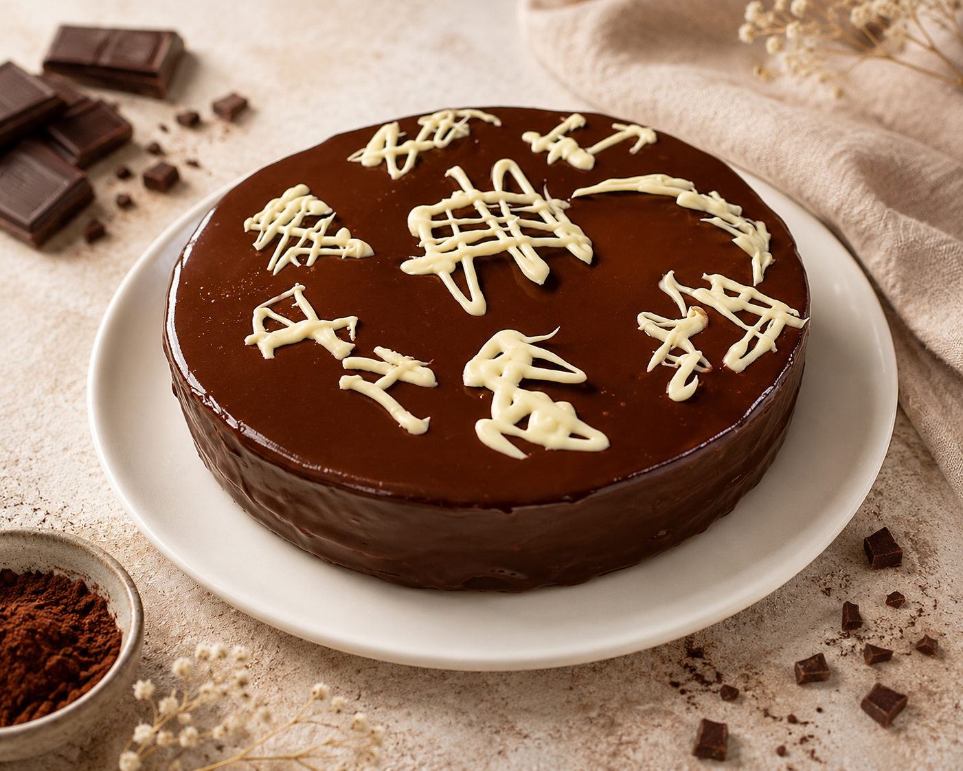 Gâteau au chocolat rond glacé, décoré de motifs blancs, posé sur assiette avec copeaux et cacao.