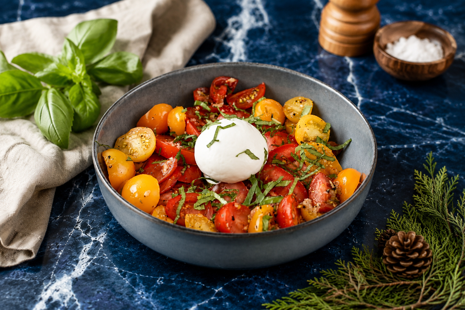 Salade de tomates multicolores avec burrata, herbes fraîches, basilic et assaisonnement, dans un bol sur fond bleu.