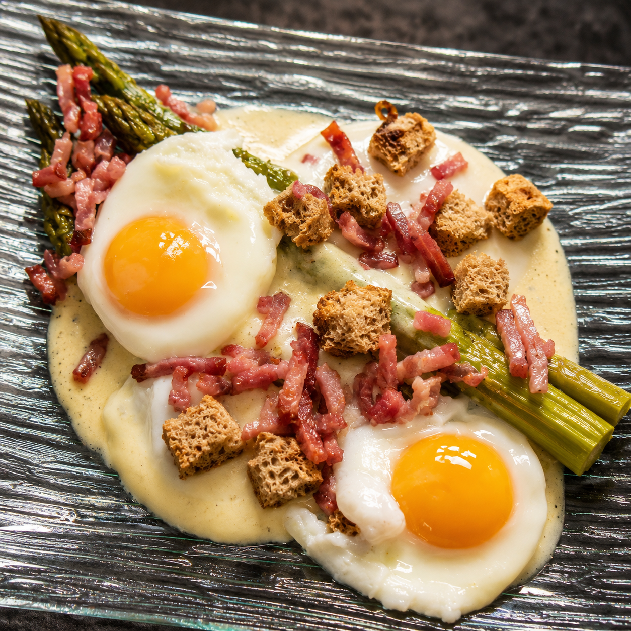Deux œufs au plat sur crème, bacon, asperges vertes, croûtons bruns et sauce, sur planche texturée.