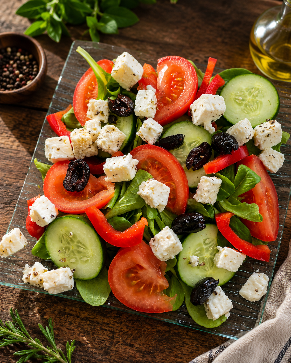 Salade verte avec tomates, concombres, olives noires et cubes de feta sur un plat en verre.