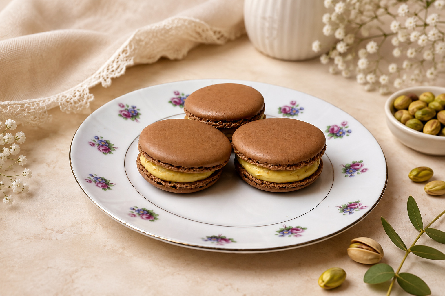 Trois macarons au chocolat fourrés à la crème au praliné sur une assiette décorée, pistaches autour.