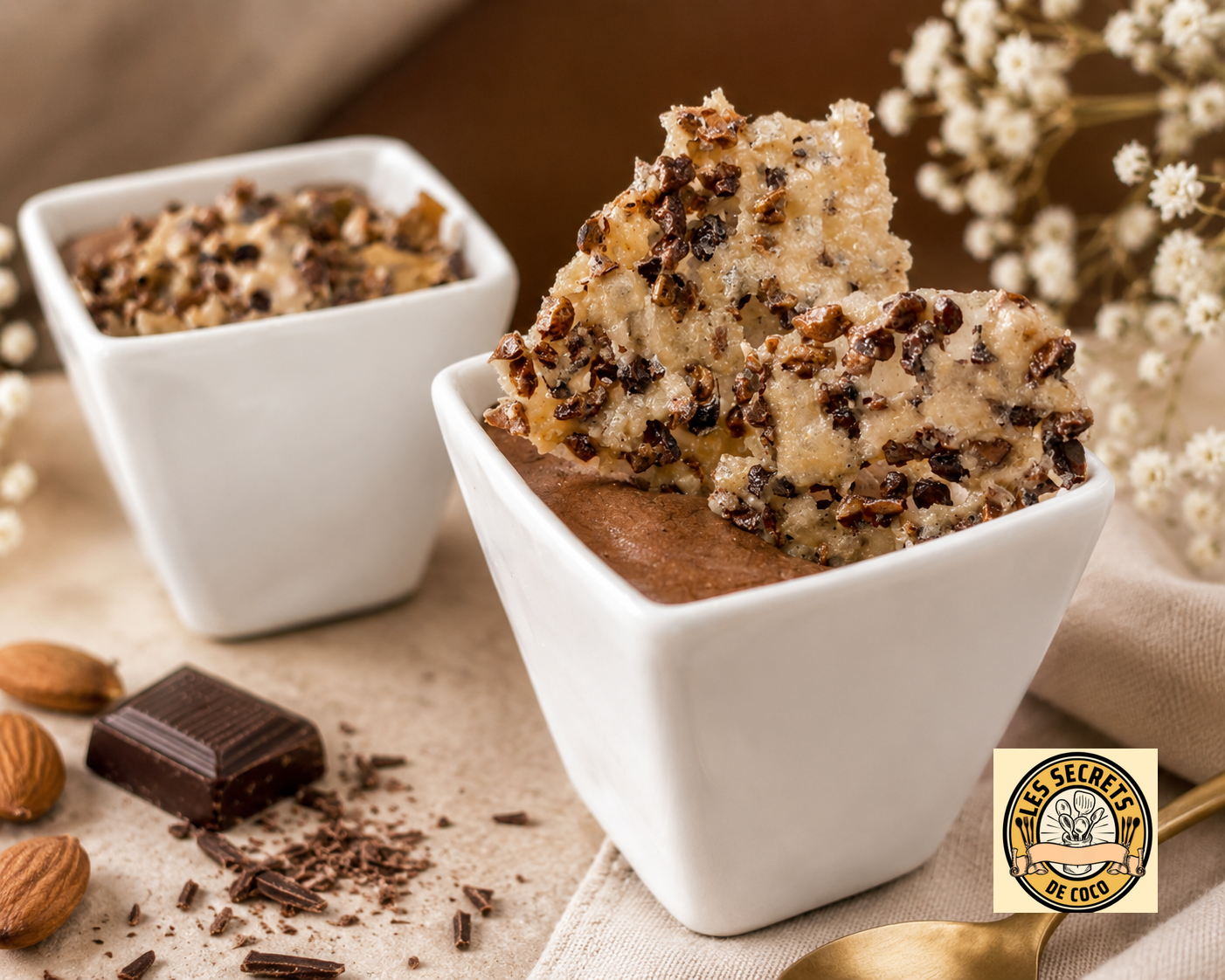 Deux bols blancs remplis de dessert chocolaté, tuile au grué de cacao, noix et éclats, sur fond beige avec fleurs décoratives.