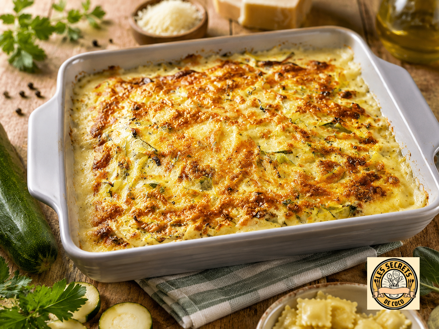 Gratin de courgettes au fromage doré dans un plat blanc, herbes et légumes frais sur fond rustique.