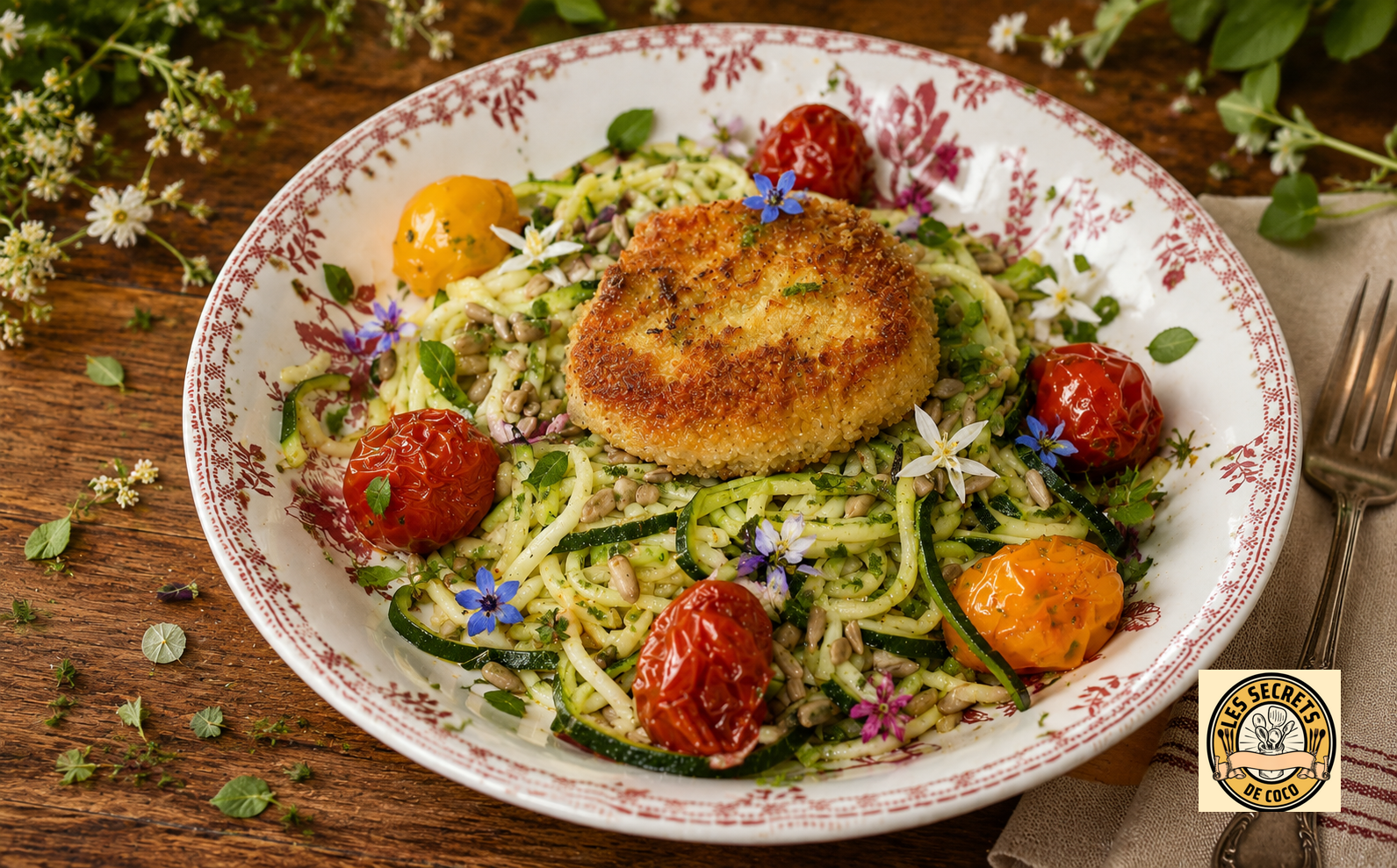 Assiette de salade de courgettes crues, tomates cerises, pignons et œuf poché, sur table rustique.