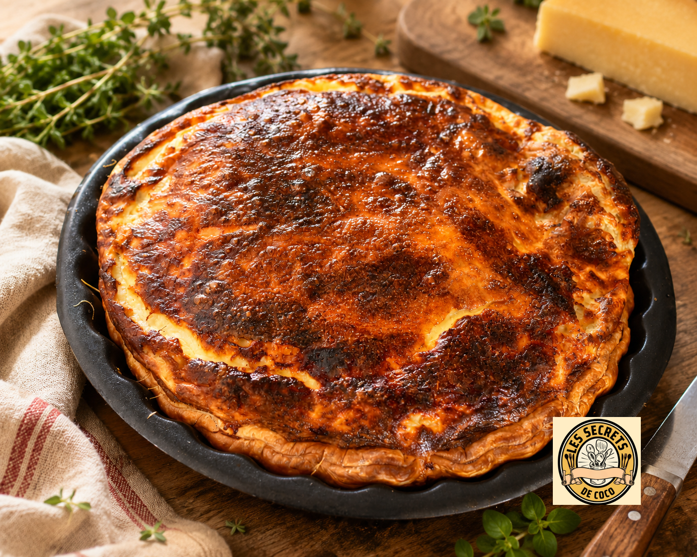 Tarte salée dorée quiche au Beaufort et croustillante sur plat noir, herbes fraîches et fromage sur planche en bois.