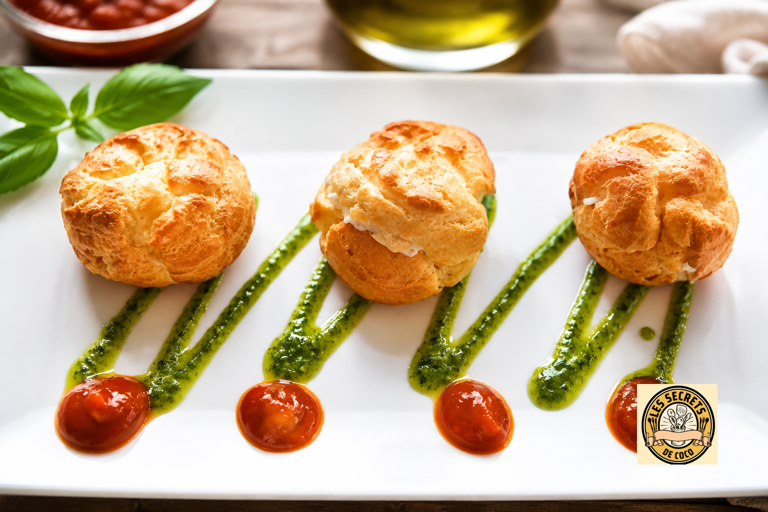 Trois petits choux dorés posés sur assiette blanche, nappés de sauce verte et points de sauce rouge.