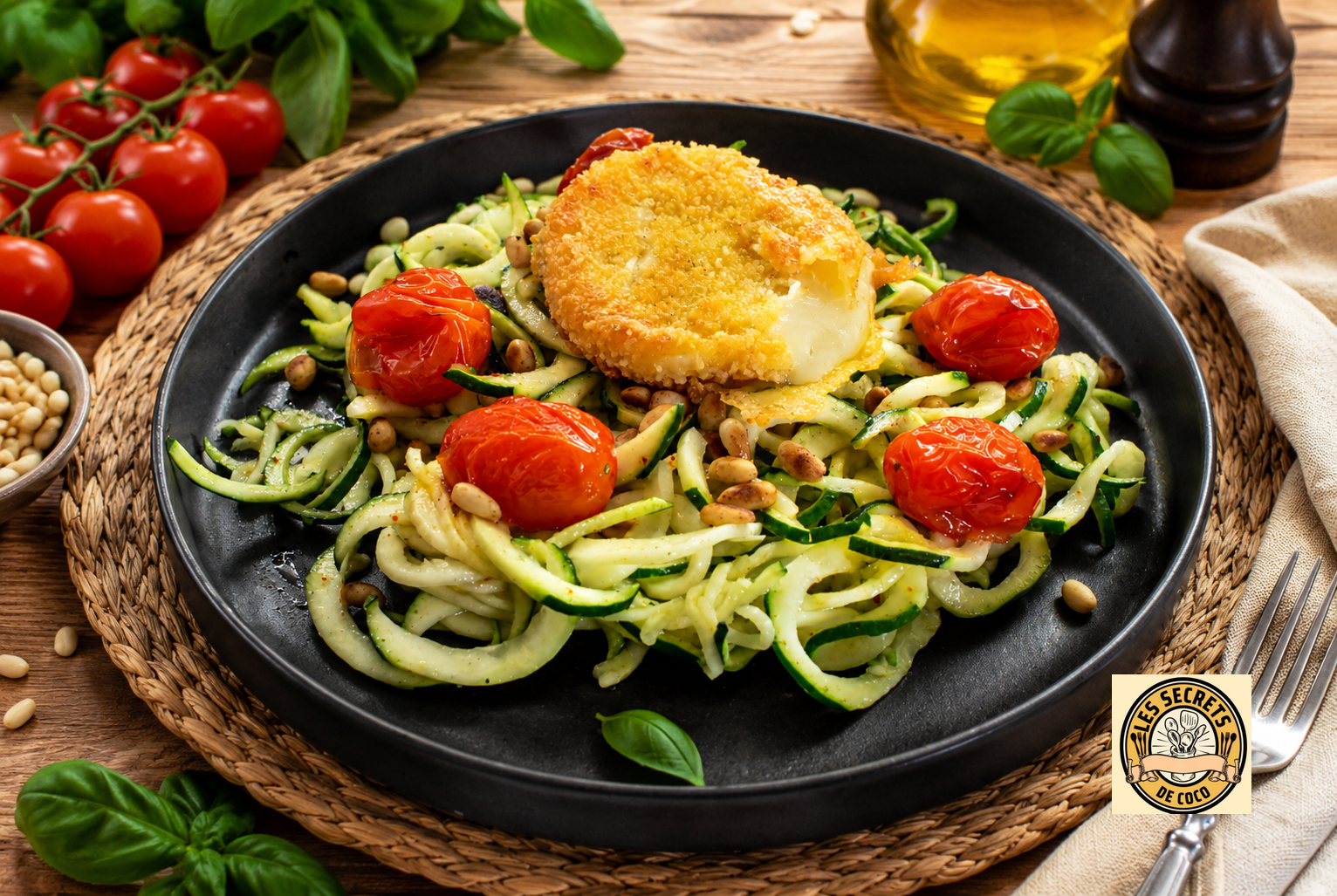 Assiette de salade de courgettes en rubans, tomates cerises, pignons et œuf poché, sur table rustique.