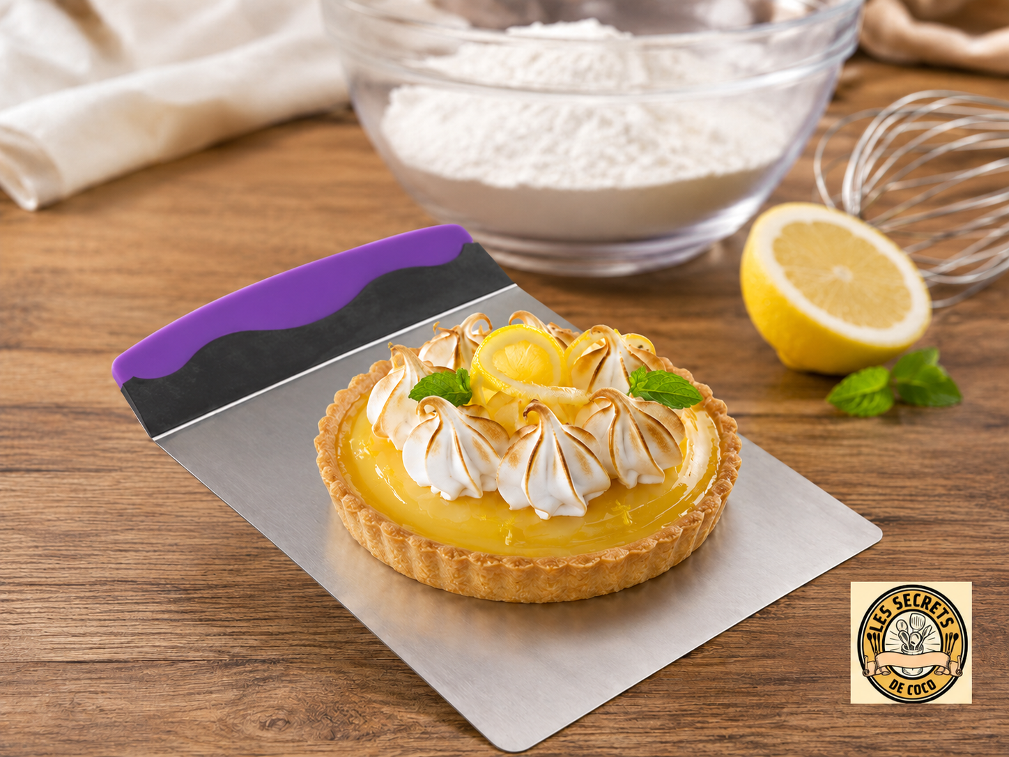 Tarte au citron sur plaque inox, crème meringuée, couteau violet, citron et ingrédients en arrière-plan.