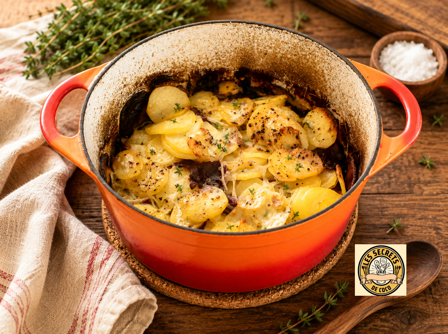 Plat de pommes de terre gratinées dans une cocotte rouge, herbes et épices, sur table en bois.