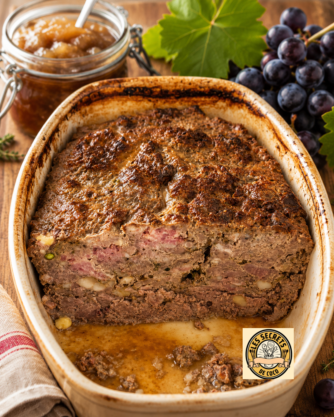 Plat de viande de sanglier en terrine, herbes et épices, raisins noirs et feuille de vigne en arrière-plan.