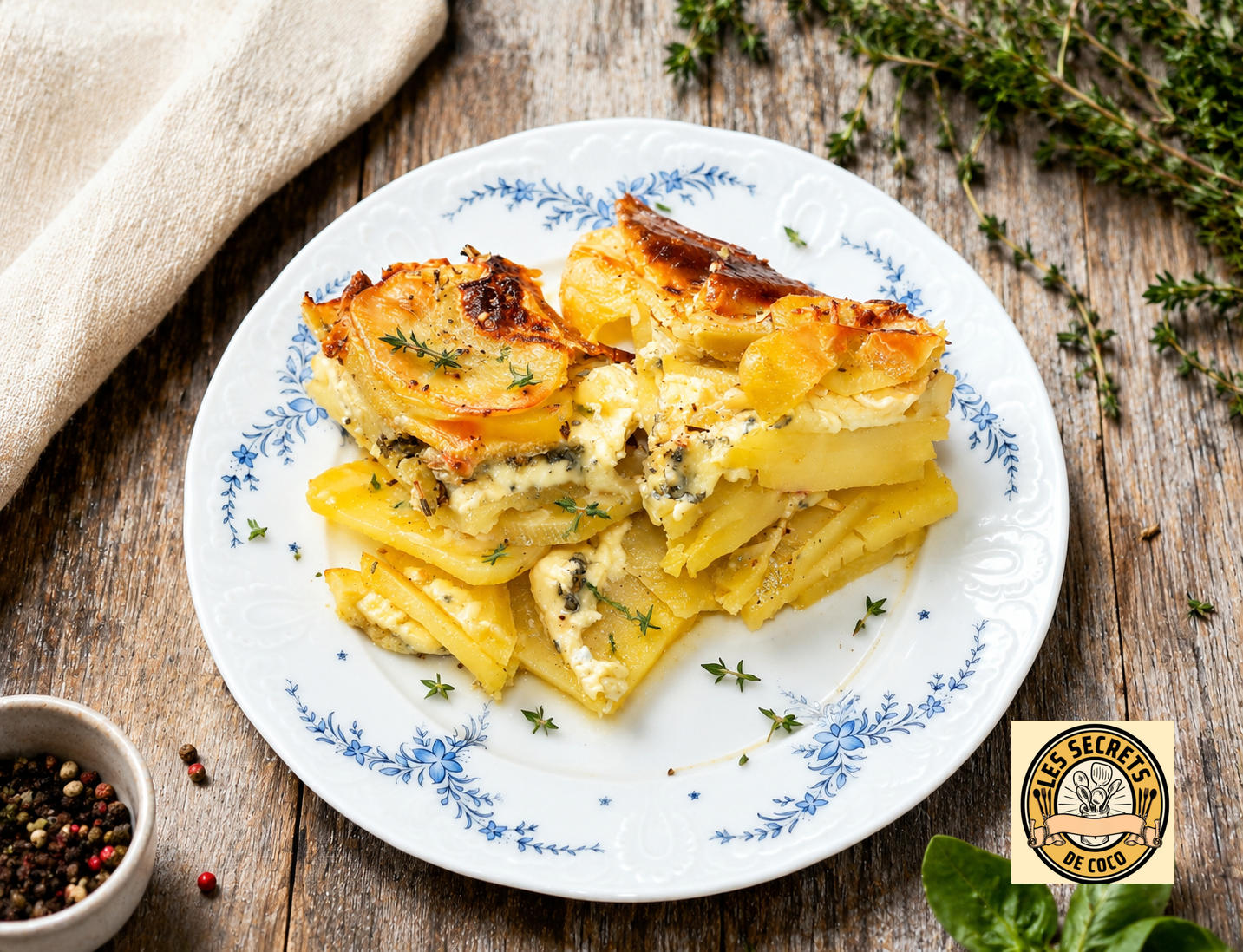 Assiette blanche décorée avec gratin dauphinois au bleu du vercors, sur table en bois rustique.