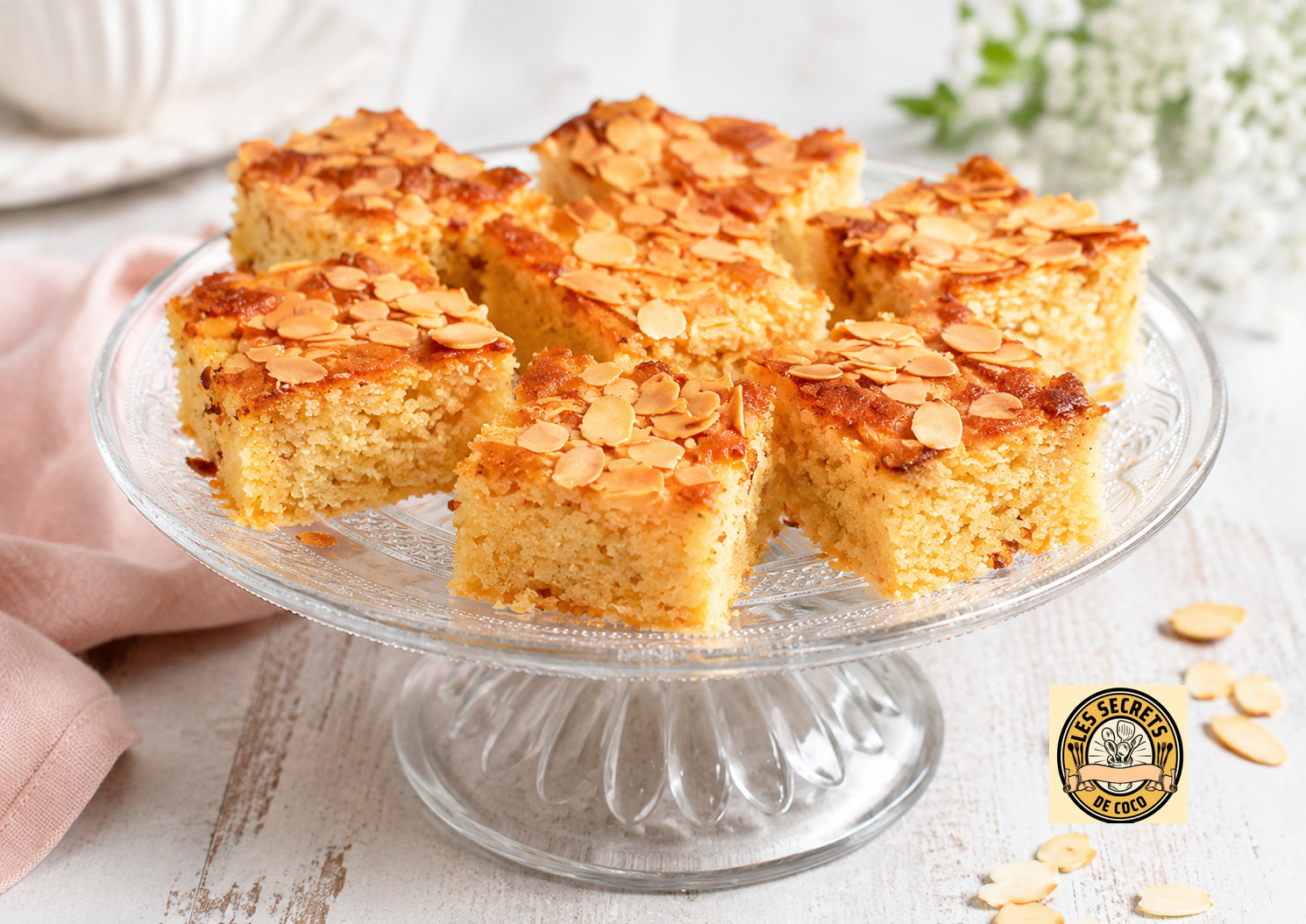 Gâteau aux amandes doré, tranches sur un plat en verre, amandes effilées et fond clair.