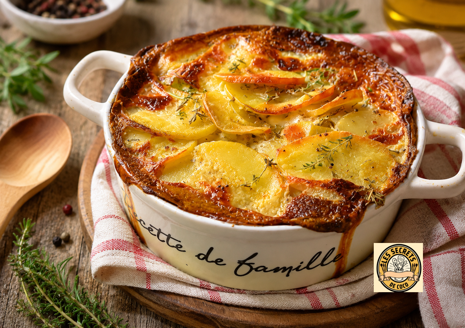 Gratin de pommes de terre doré aux tranches, herbes fraîches, servi dans un plat blanc sur table rustique.