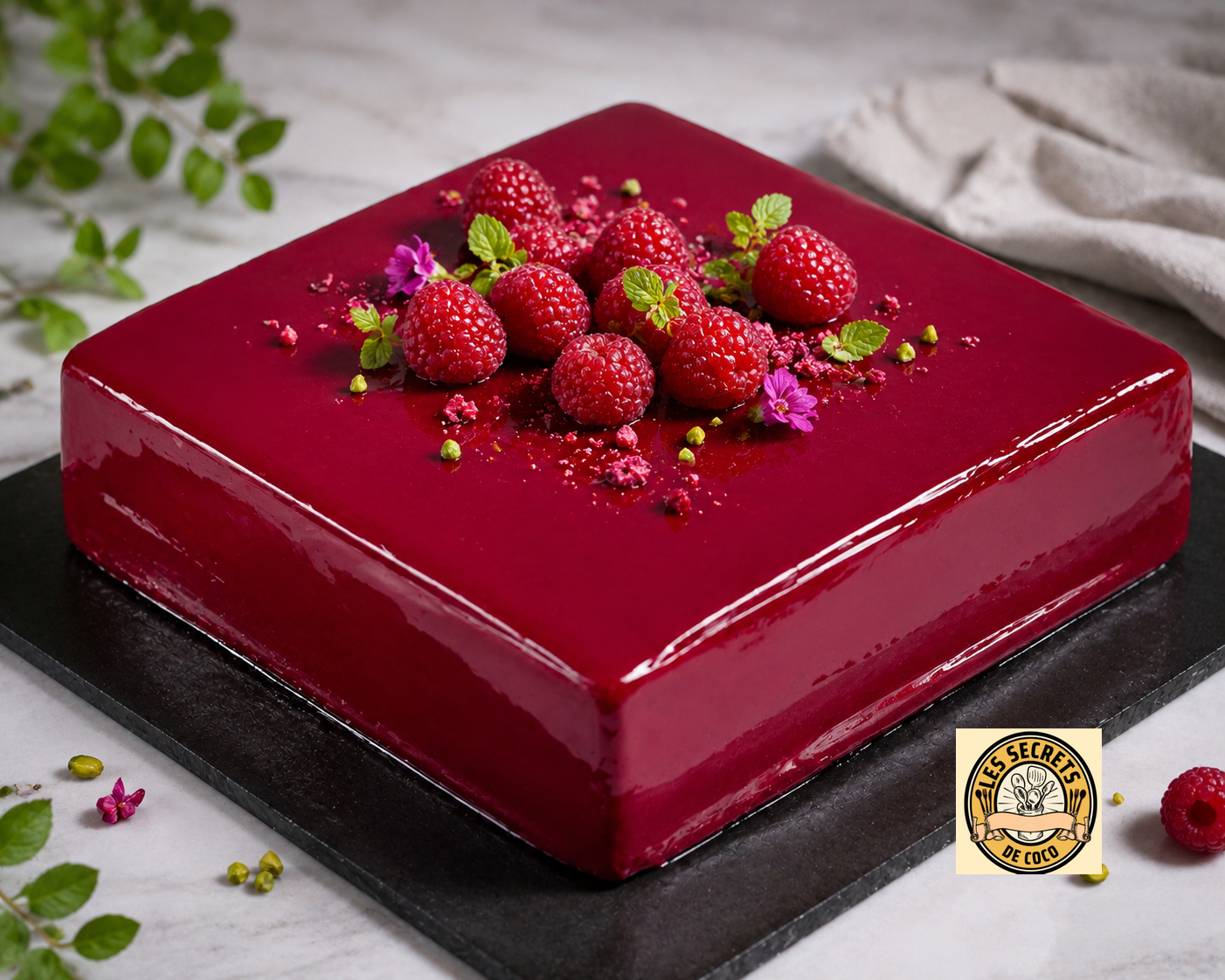 Gâteau carré glacé rouge, framboises fraîches, pistaches et fleurs comestibles sur fond marbre clair.