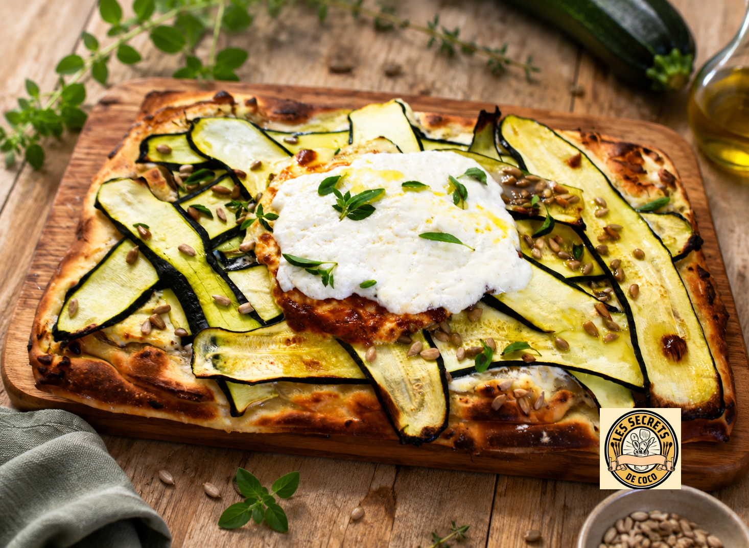 Pizza sur planche en bois, courgettes grillées,burrata , graines de lin, herbes fraîches et huile d’olive.