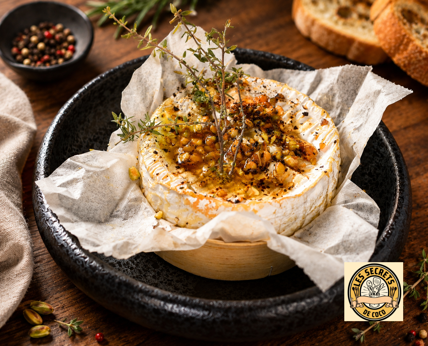 camembert rôti au centre, herbes et grains d’épices, servi sur plat noir avec poivre.