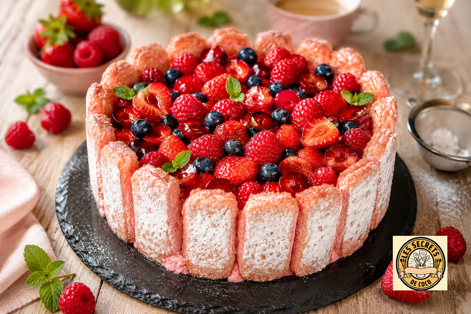 Gâteau aux fruits rouges en couronne, fraises, framboises, myrtilles, menthe, sur table en bois.