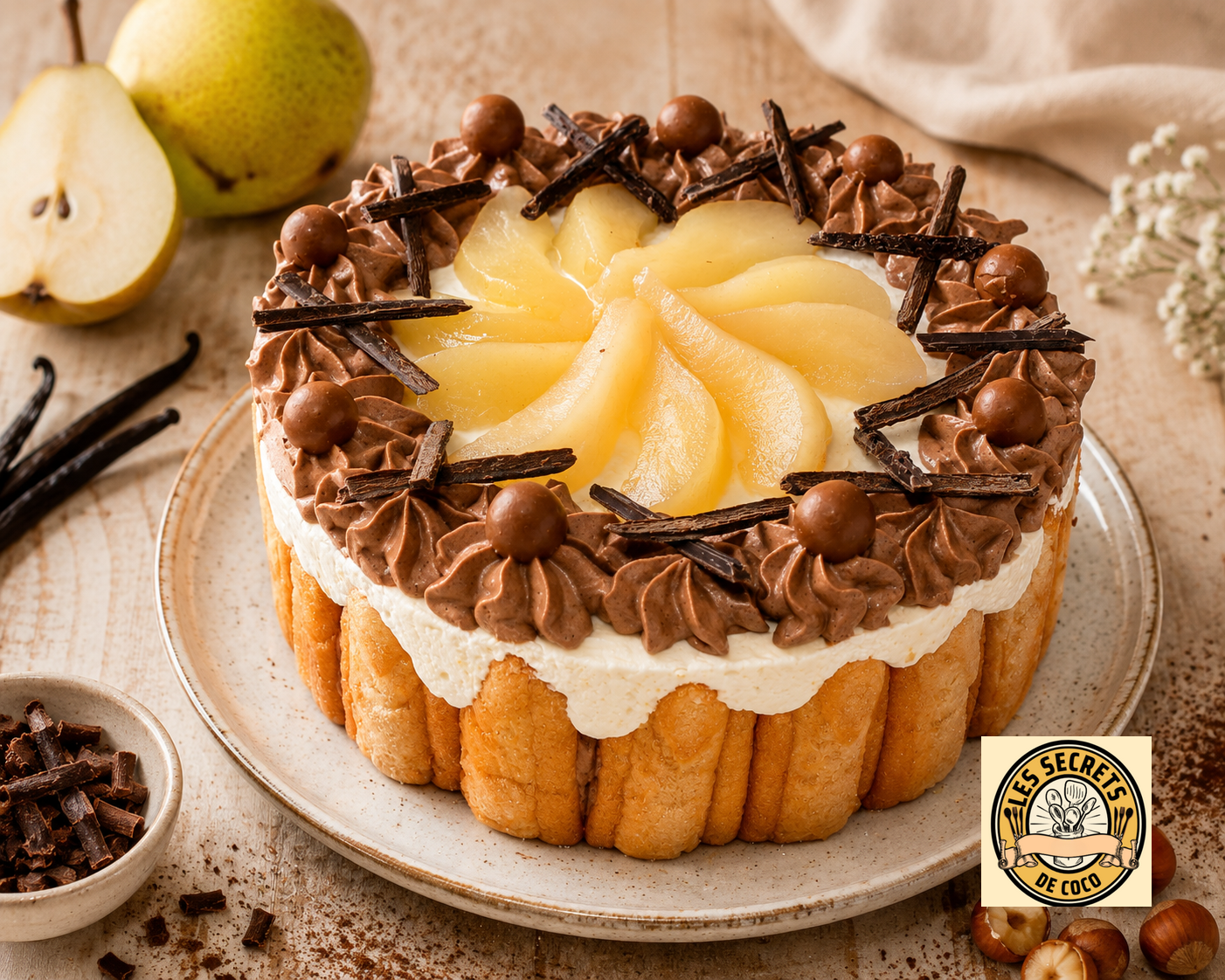 Gâteau charlotte au chocolat et poires, crème blanche, décorations de copeaux, noisettes et billes, sur assiette beige.