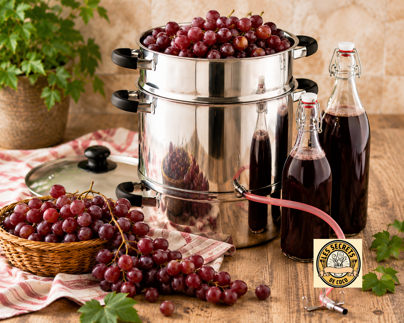 Marmite inox extracteur de jusavec couvercle, fruits rouges et pommes, et bouteilles de jus sombre sur fond blanc.