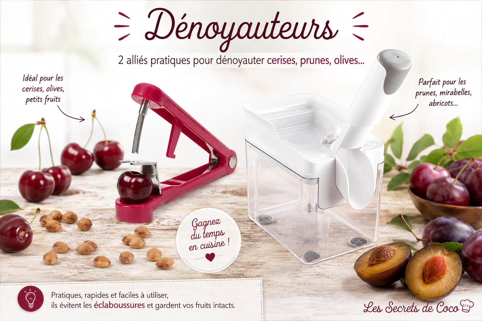 Dénoyauteur manuel rouge et blanc sur table, cerises, prunes, noisettes et texte promotionnel.