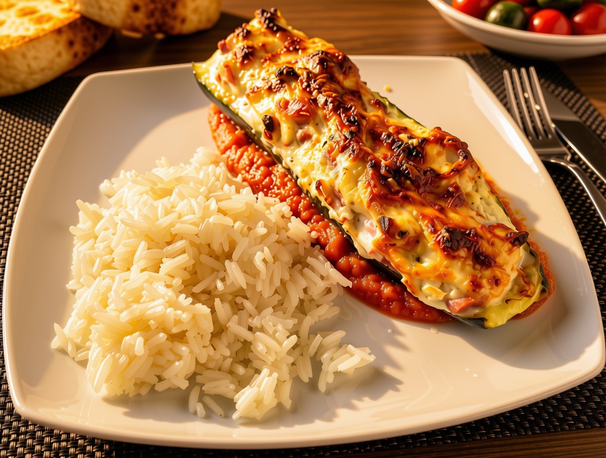 Assiette blanche avec riz et aubergine farcie grillée, sauce tomate épicée, sur table en bois.