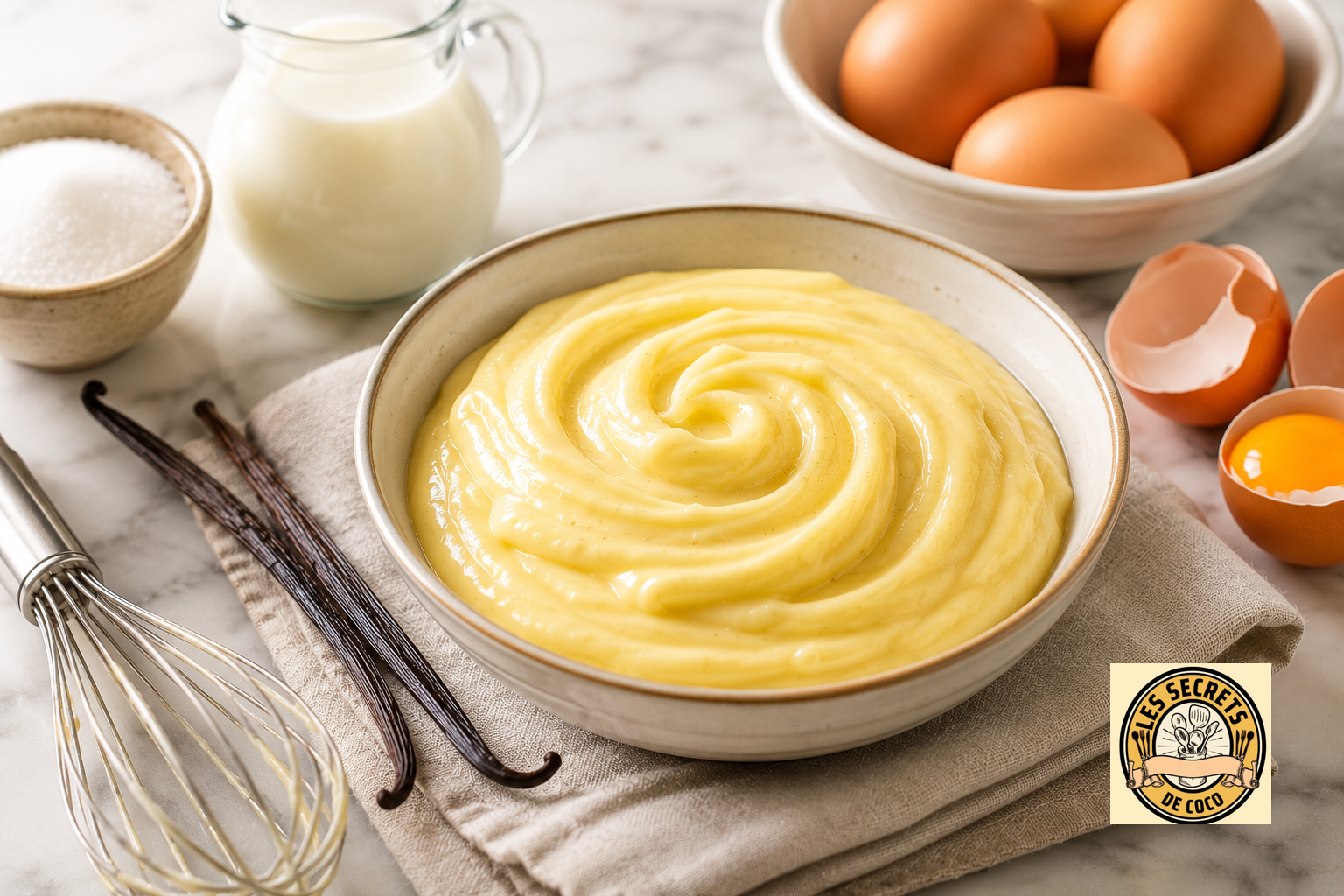 Bol de crème pâtissire jaune lisse, surface brillante, posé sur tissu à carreaux avec cuillère à gauche.