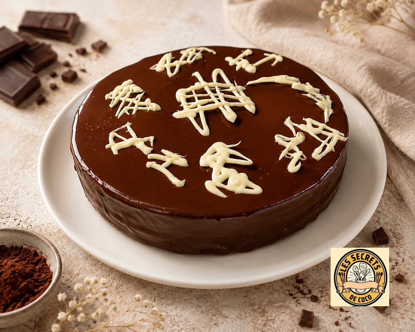 Gâteau au chocolat rond glacé, décoré de motifs blancs, posé sur assiette avec copeaux et cacao.