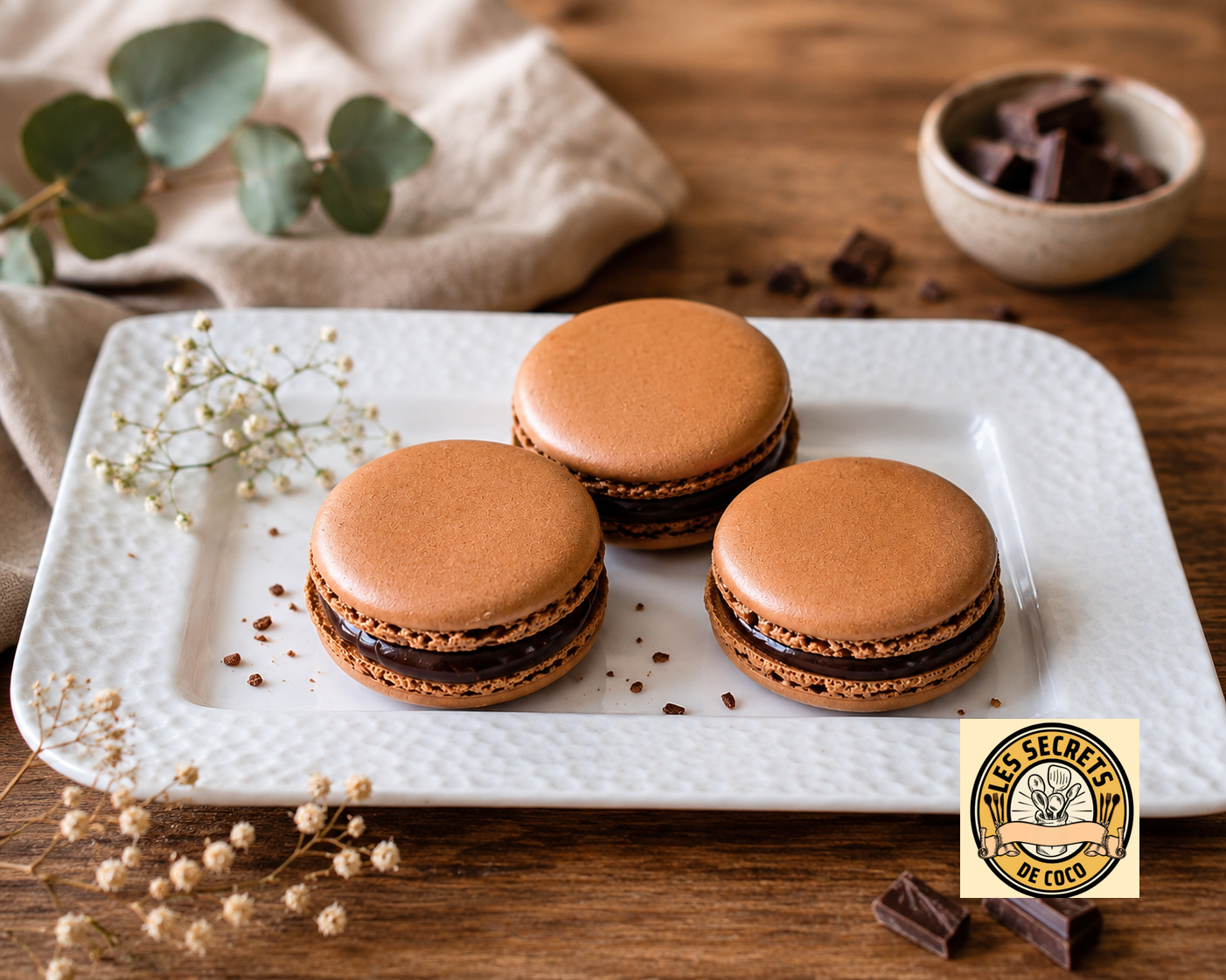 Trois macarons au chocolat sur un plateau blanc, fleurs séchées et tablette de chocolat en arrière-plan.