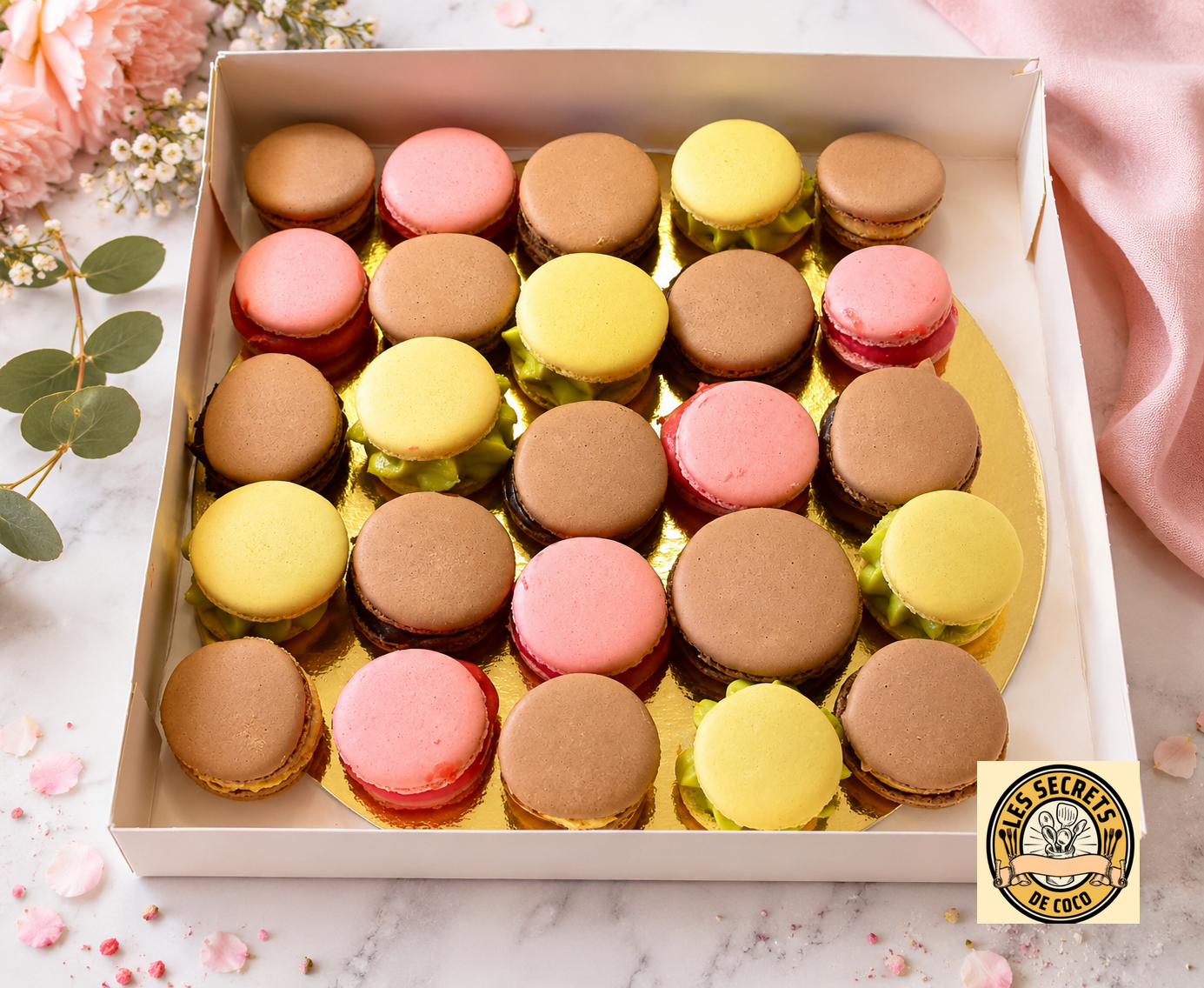 Assortiment de macarons roses et verts fourrés, disposés sur un plateau fleuri, décorations printanières.