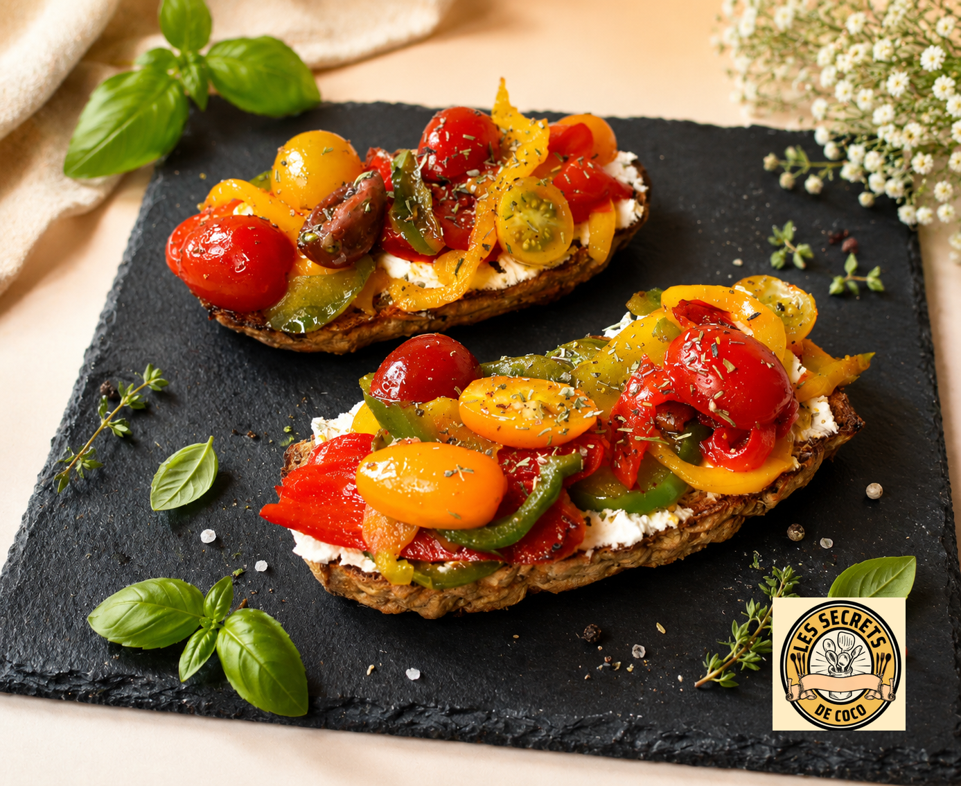 Deux tartines sur ardoise noire, tomates multicolores, fromage frais, herbes, basilic et logo en bas à droite.