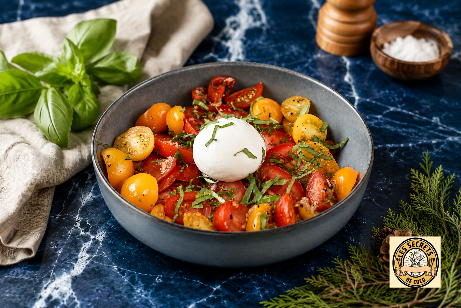 Salade de tomates multicolores avec burrata, herbes fraîches, basilic et assaisonnement, dans un bol sur fond bleu.