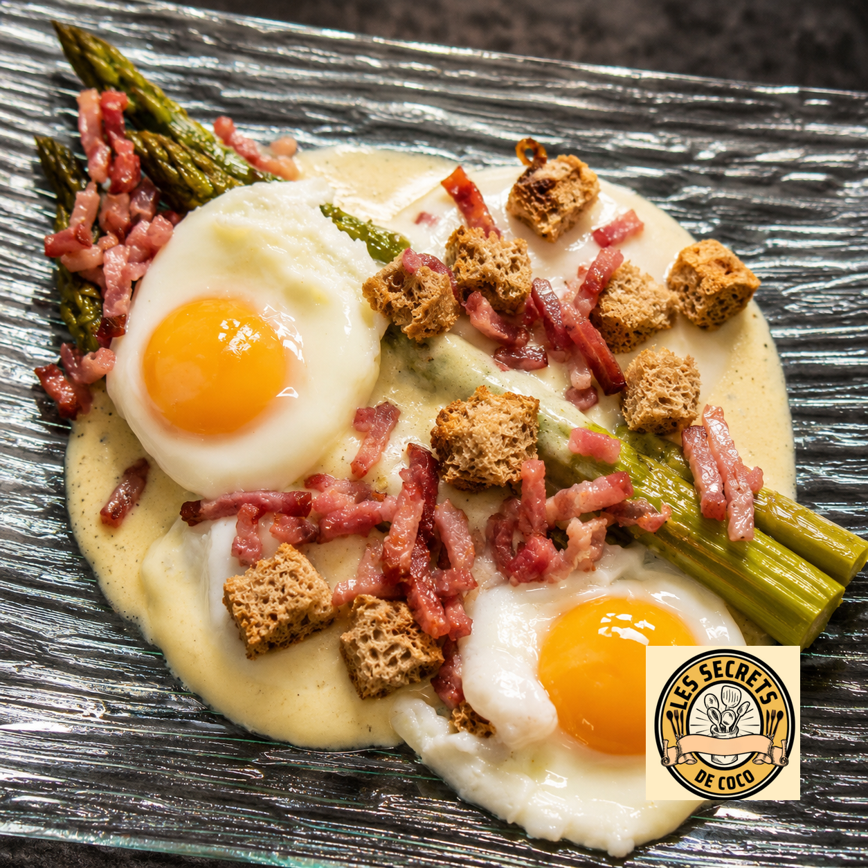 Deux œufs au plat sur crème, bacon, asperges vertes, croûtons bruns et sauce, sur planche texturée.