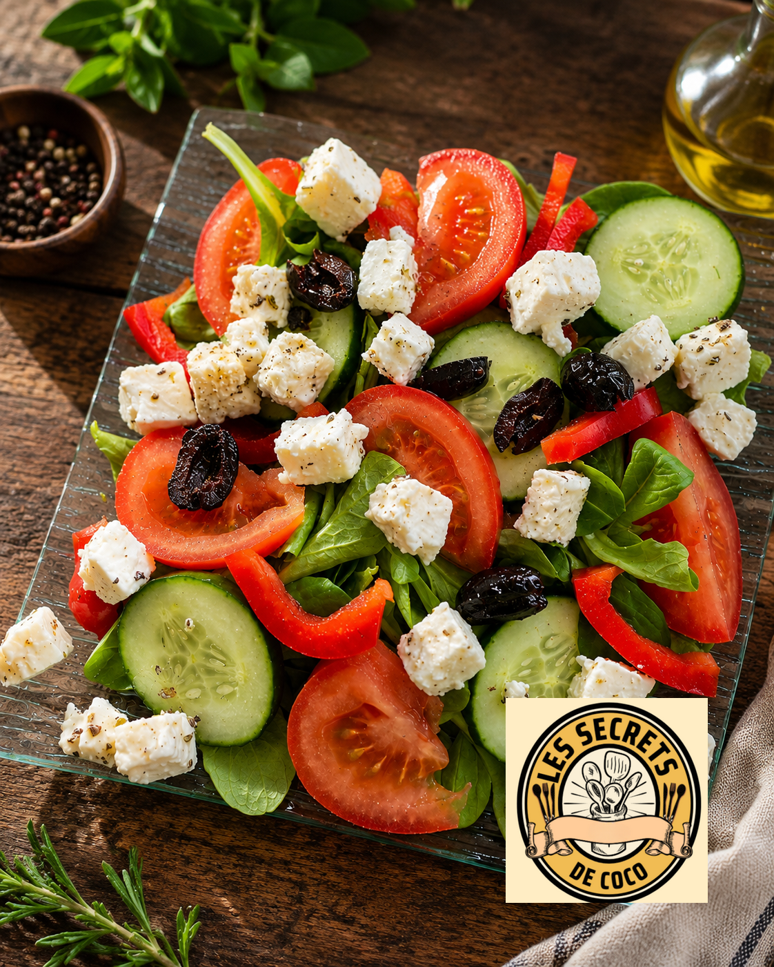 Salade verte avec tomates, concombres, olives noires et cubes de fromage, sur plat en verre.