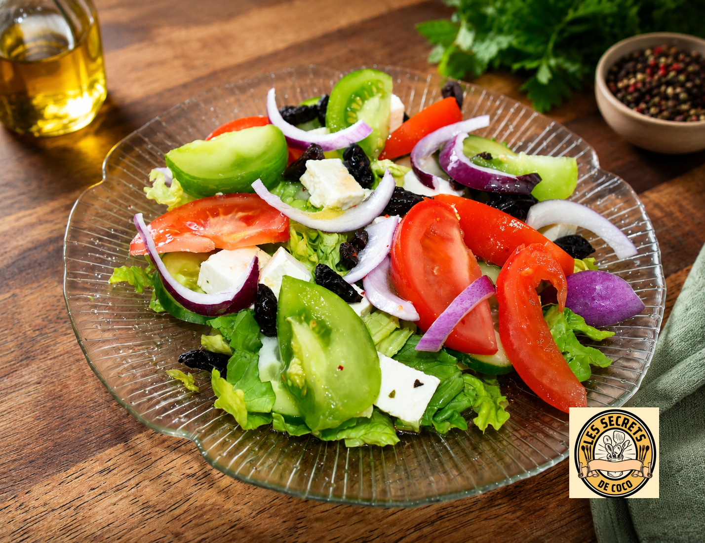Salade fraîche dans une assiette en verre, tomates, concombre, oignon rouge, olives et fromage blanc.