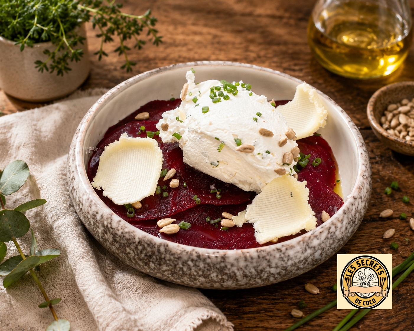 Assiette avec carpaccio de betteraves et quenelles de fromage de chevre avec ciboulette verte et pignons grillés.