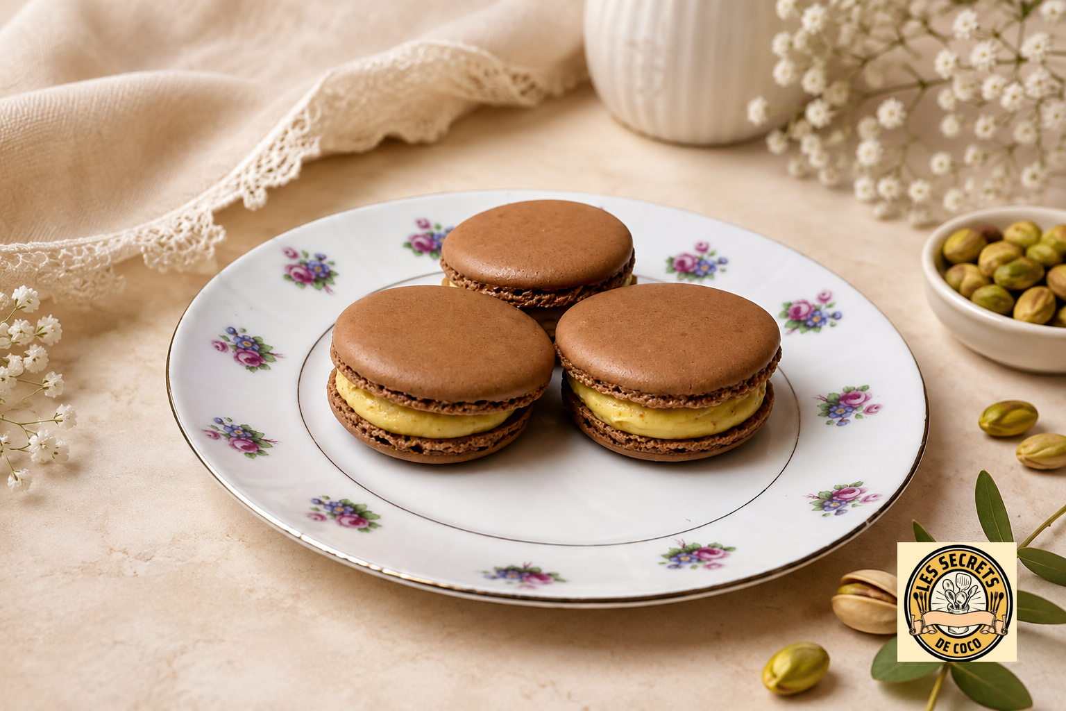 Trois macarons au chocolat fourrés à la crème au praliné sur une assiette décorée, pistaches autour.