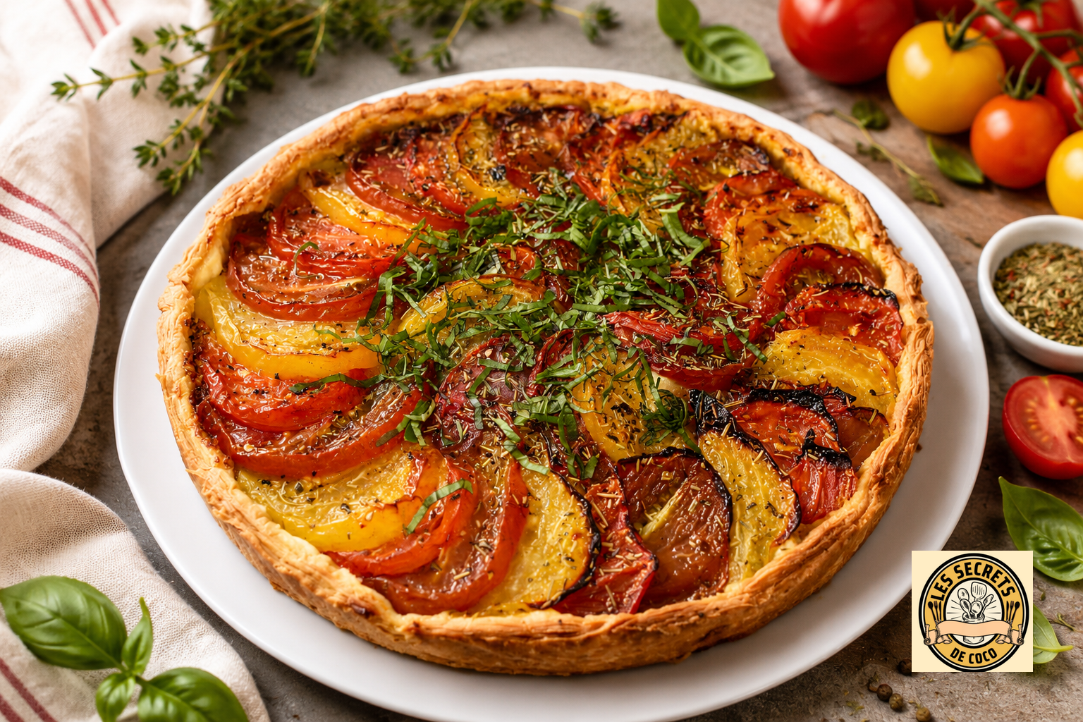 Tarte salée aux légumes tomates rôtis, tranches de tomates et courgettes, herbes fraîches, sur assiette blanche.