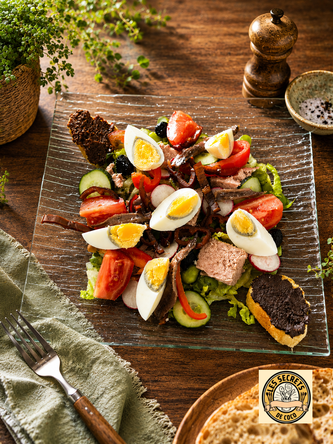 Assiette en verre remplie de salade colorée salade niçoise , œufs durs, tomates, concombre, thon et herbes, sur table en bois.