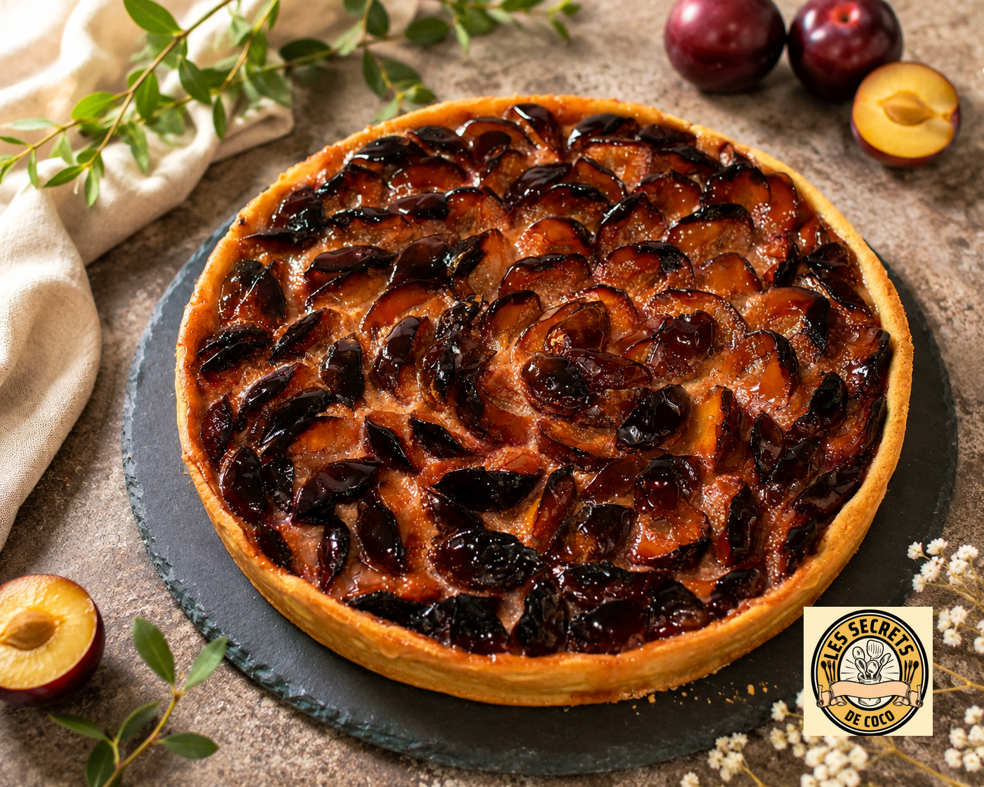 Tarte aux prunes et confiture sombre, sur plaque noire, entourée de prunes, abricots et herbes fraîches.