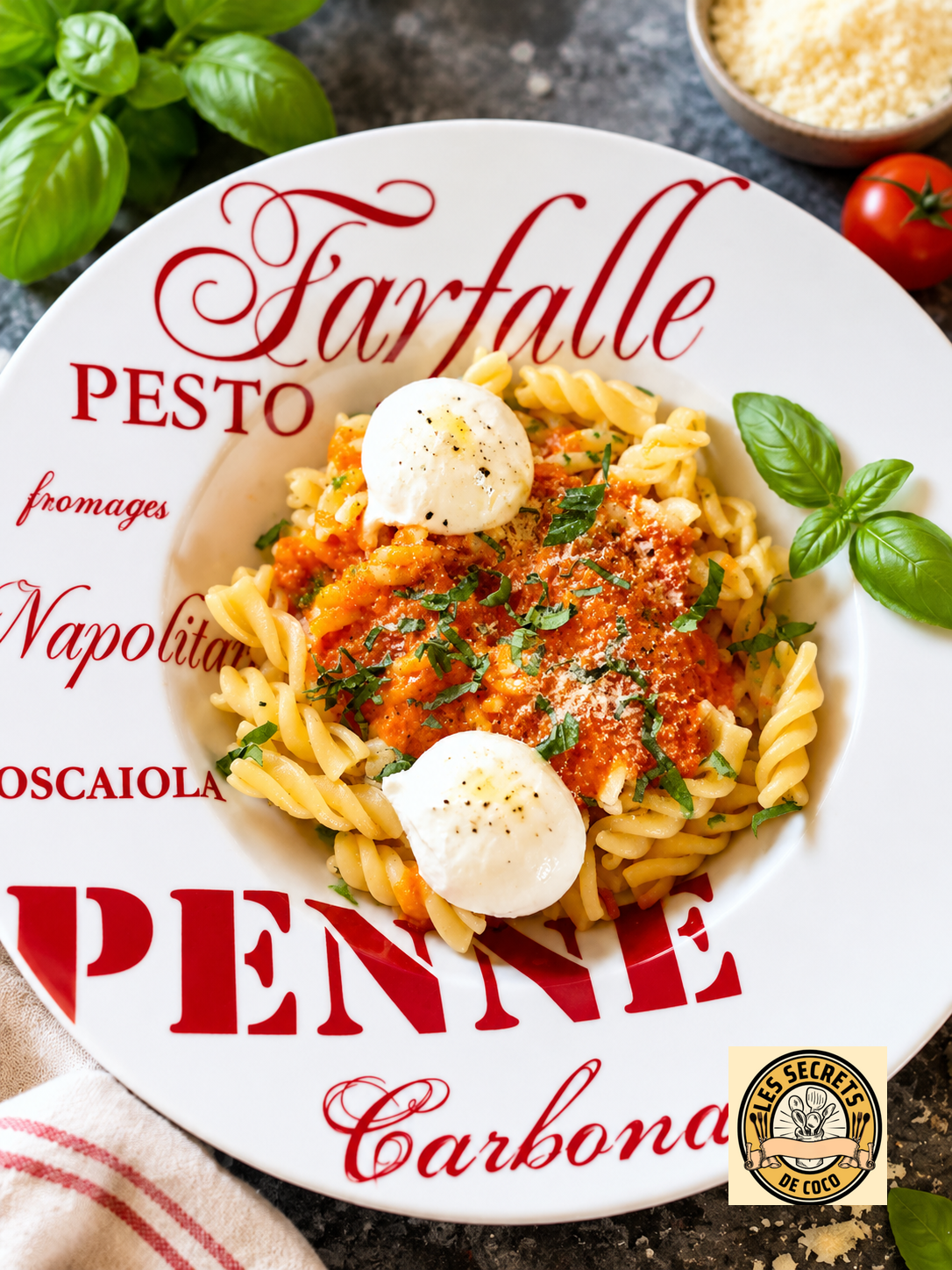 Assiette de pâtes napolitaines avec sauce tomate, deux boules de mozzarella, basilic, logo Carbone.