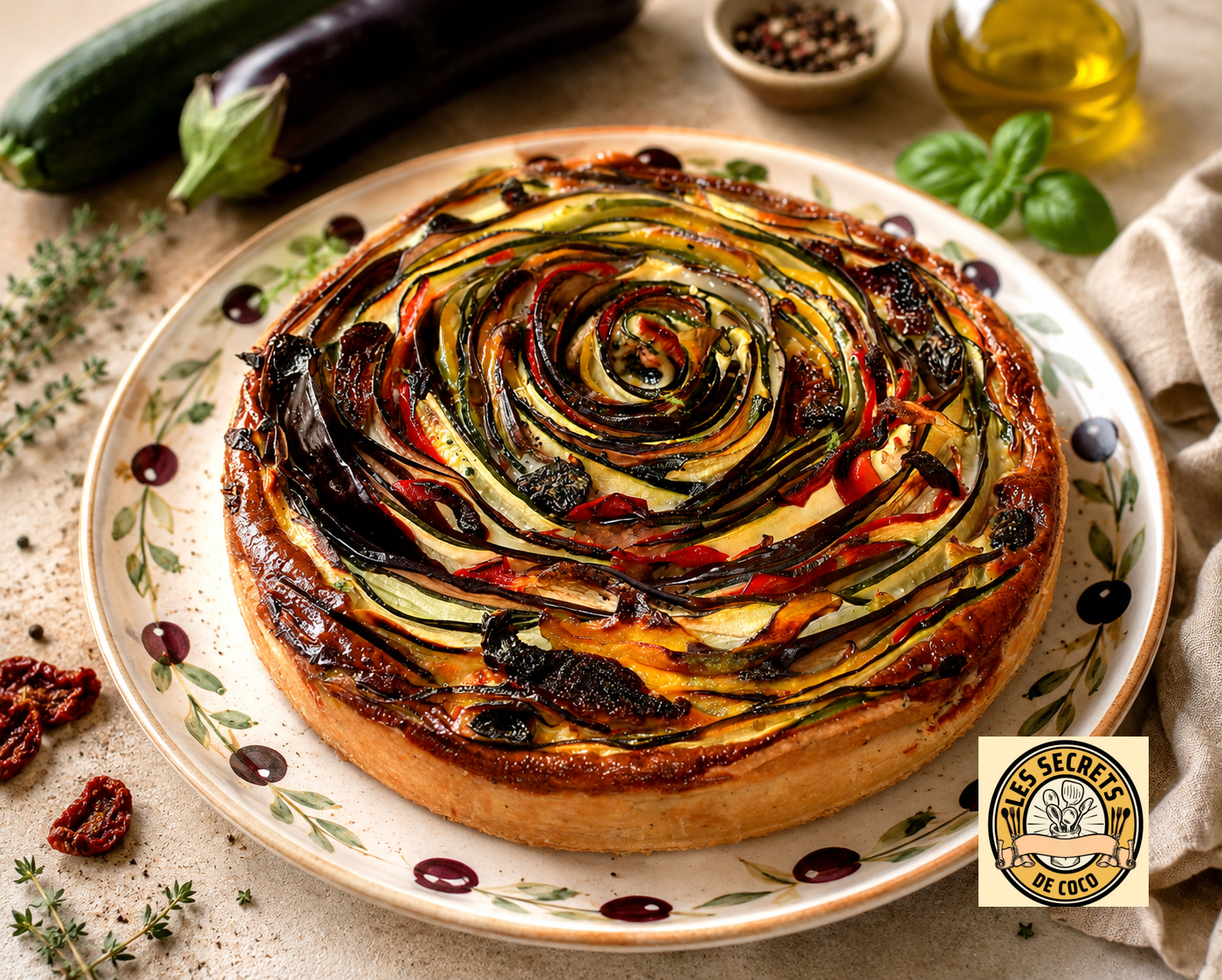 Tarte salée en spirale aux légumes, sur assiette décorée, avec courgette, poivre et herbes fraîches.