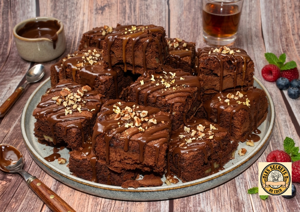 Gâteau au chocolat nappé de sauce, morceaux empilés, éclats de noisette, fruits rouges et thé sur table en bois.