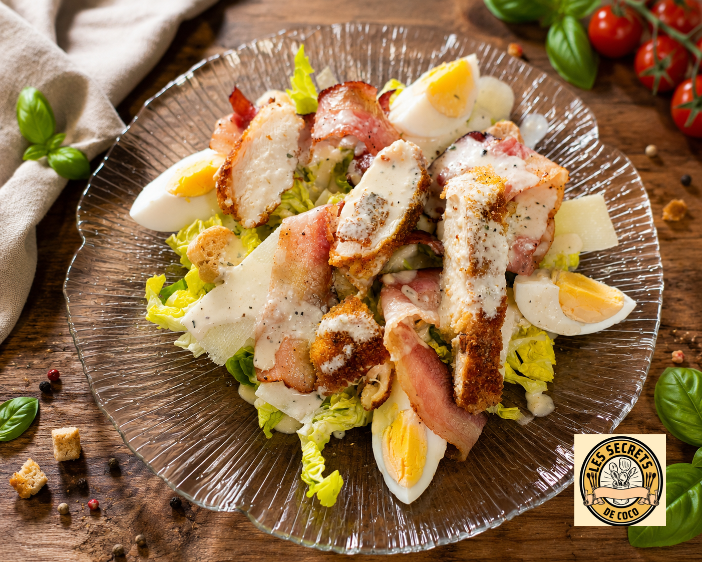 Salade verte avec œufs durs, lardons croustillants, copeaux de parmesan et sauce blanche sur assiette transparente.