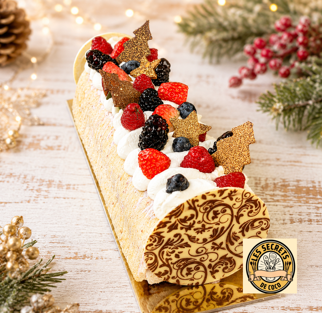 bûche de noel à la crème, fraises et myrtilles, décor étoiles dorées, sur table en bois festive.