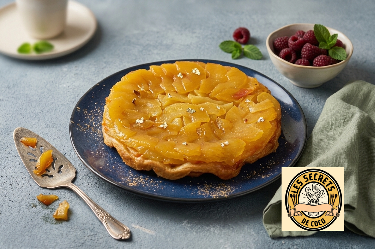 tarte tatin aux pommes sur assiette bleue, éclats de sucre, framboises et menthe à côté.