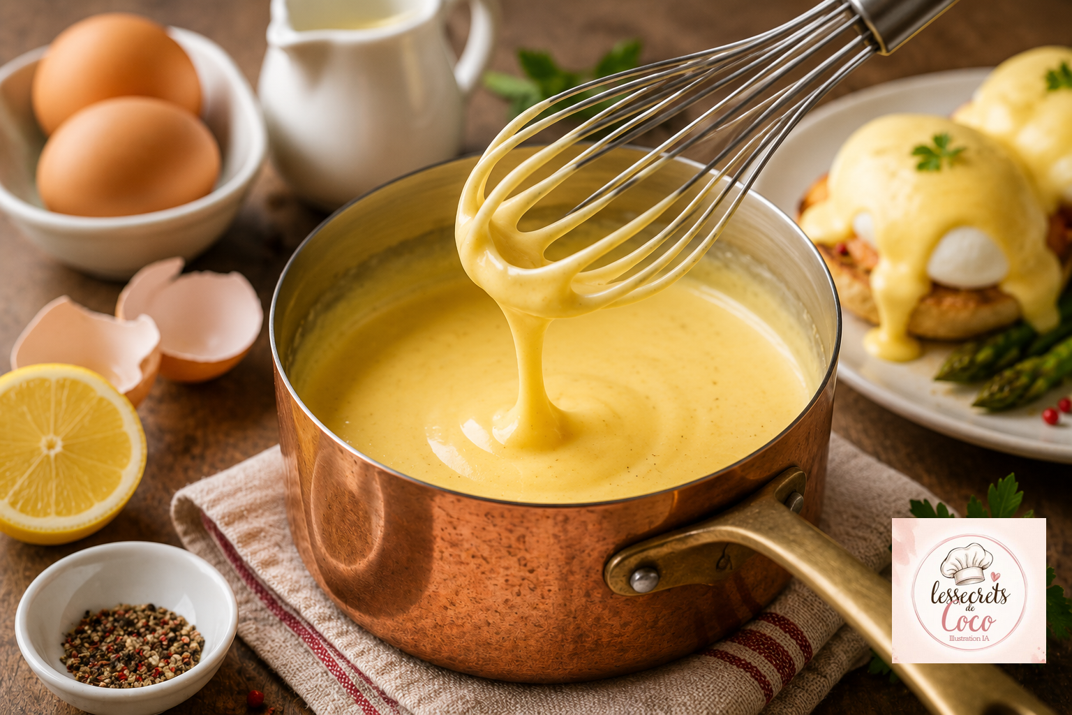 casserole en cuivre avec de la sauce hollandaise jaune versé au fouet dans une casserole en cuivre, œufs et citron en arrière-plan.