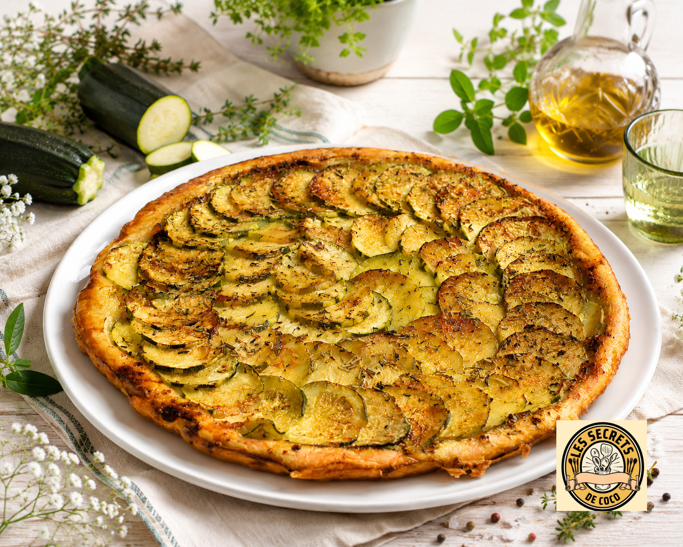tatin , tarte , tranches de courgette et herbes, avec une cuillerée de fromage blanc au centre.